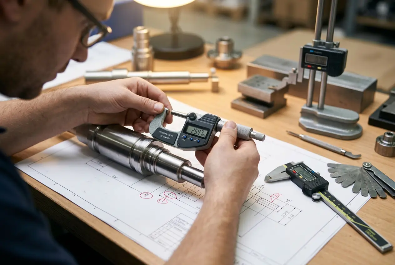 Final inspection of machined parts showing dimensional verification with micrometers and thread gauges